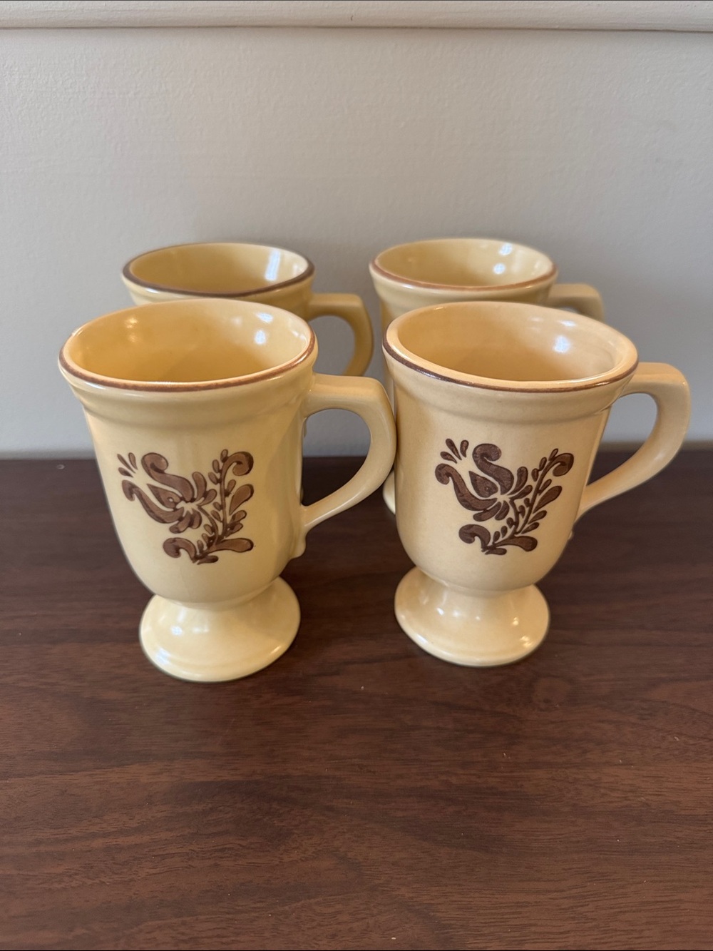Vintage Pfaltzgraff Village Pedestal Mugs - Set of 4 Footed Stoneware Coffee Cup